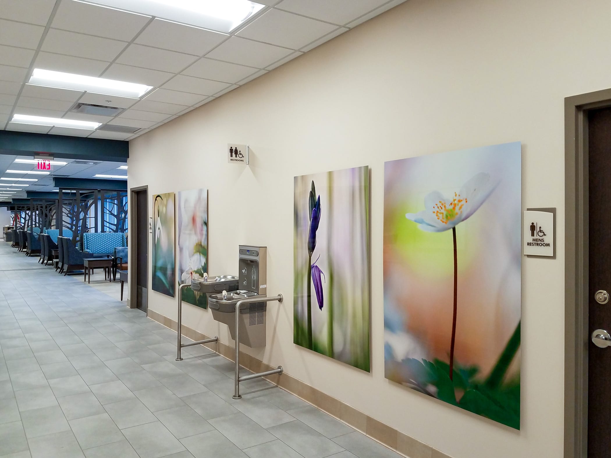 Solid surface custom art prints featuring nature photography in a hospital corridor