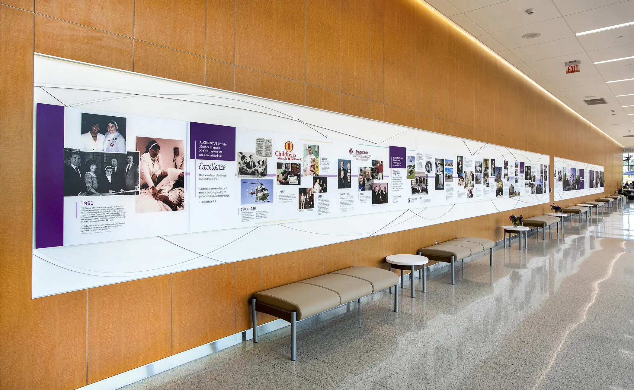 A hospital features a custom history wall highlighting the healthcare organization's timeline of events, milestones, and achievements.