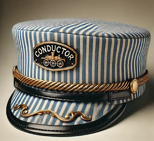 trainconductor-Dall-E This close-up image of a conductor's hat shows the railroad stripe fabric featured in the locally inspired tactile art panel.