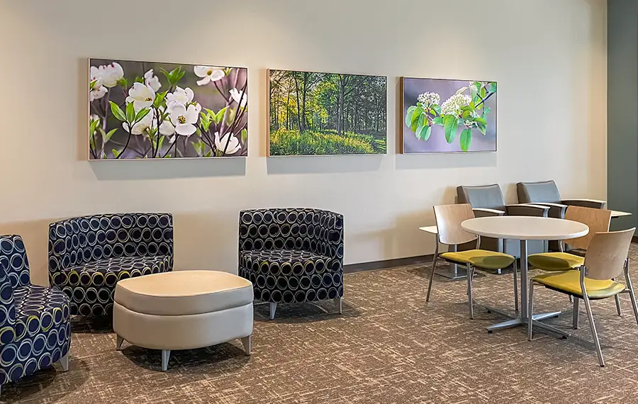 Acoustic art in a healthcare waiting room controls excess noise, supporting patient comfort and enhancing privacy for more personal conversations.