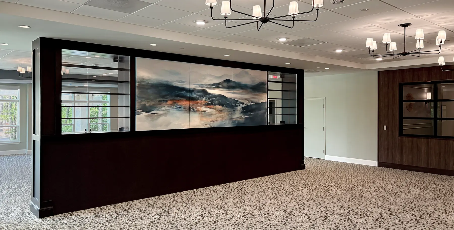 Acoustic art in a senior living dining area helps reduce noise and support a more comfortable, engaging environment for residents.